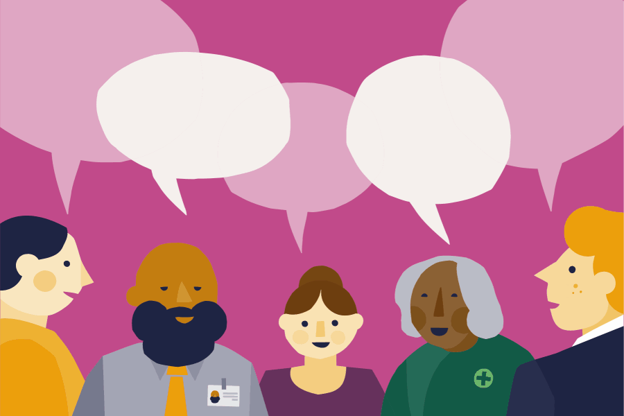 Illustration of pharmacists discussing an issue